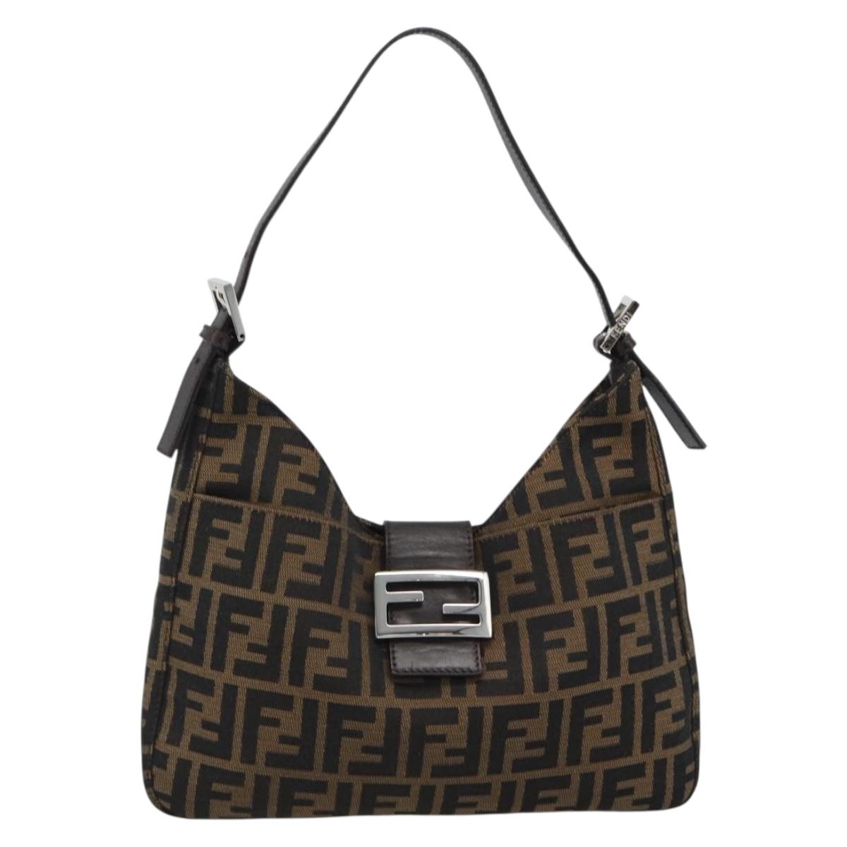FENDI Zucca Canvas Mamma Baguette Shoulder Bag Black Brown Auth 189068V