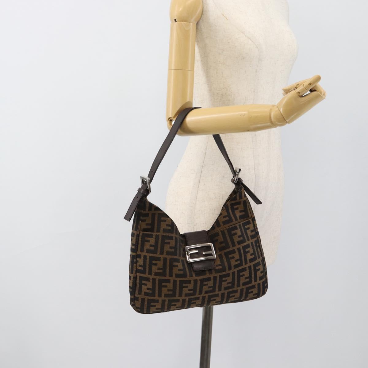 FENDI Zucca Canvas Mamma Baguette Shoulder Bag Black Brown Auth 189068V