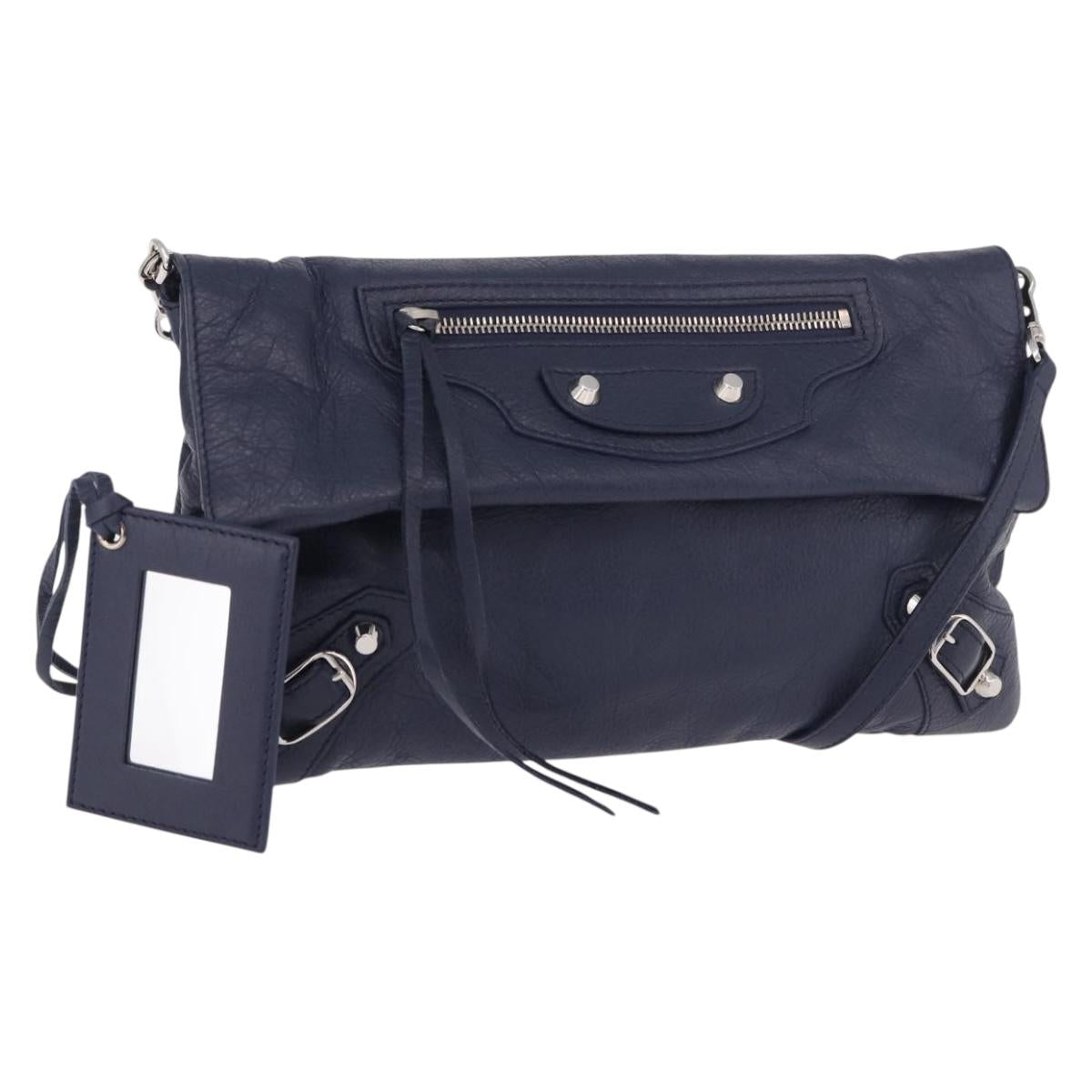 BALENCIAGA Classic Envelope Shoulder Bag Leather Navy Silver 319376 Auth 189069V
