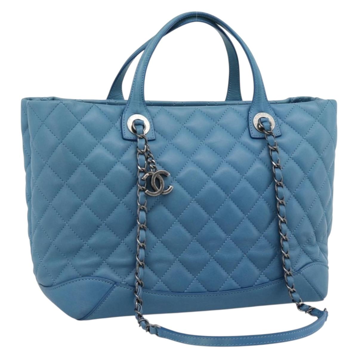 CHANEL Matelasse Chain Shoulder Bag Leather 2way Blue Silver CC Auth 189071M