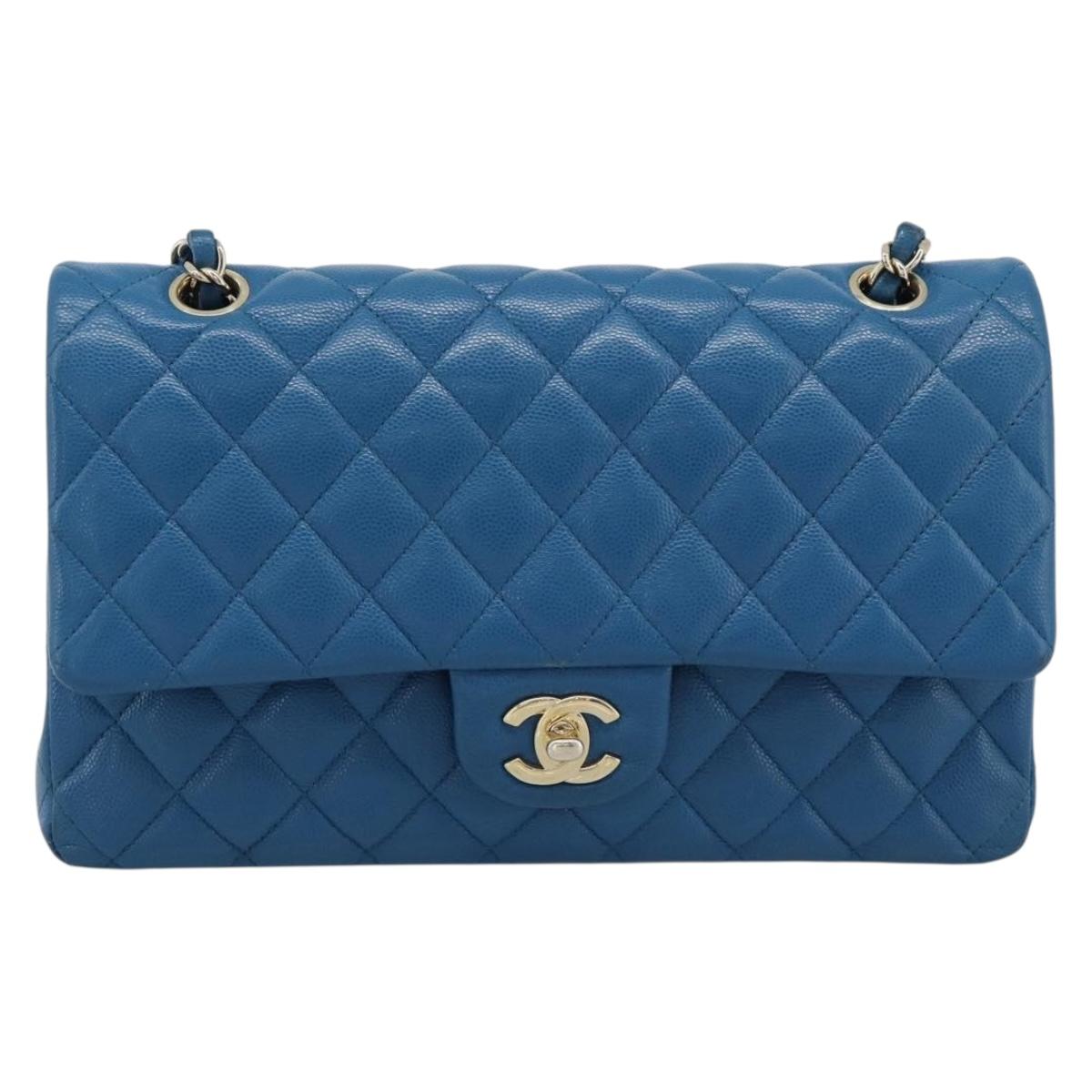 CHANEL Matelasse 25 Chain Shoulder Bag Caviar Skin Blue Gold CC Auth 189073SM
