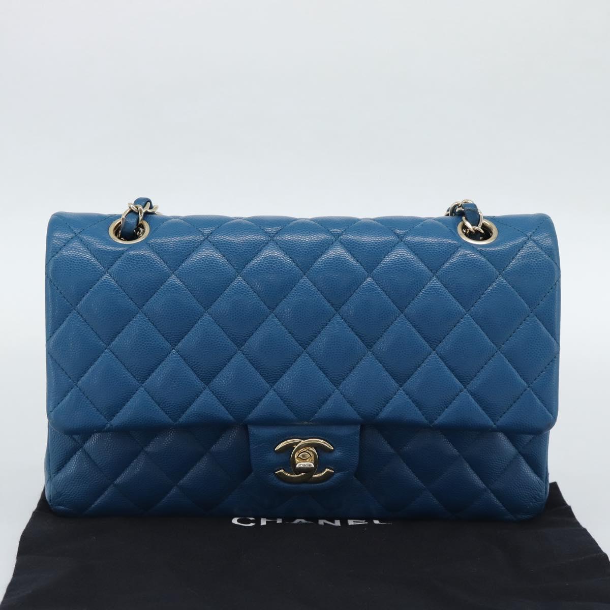 CHANEL Matelasse 25 Chain Shoulder Bag Caviar Skin Blue Gold CC Auth 189073SM
