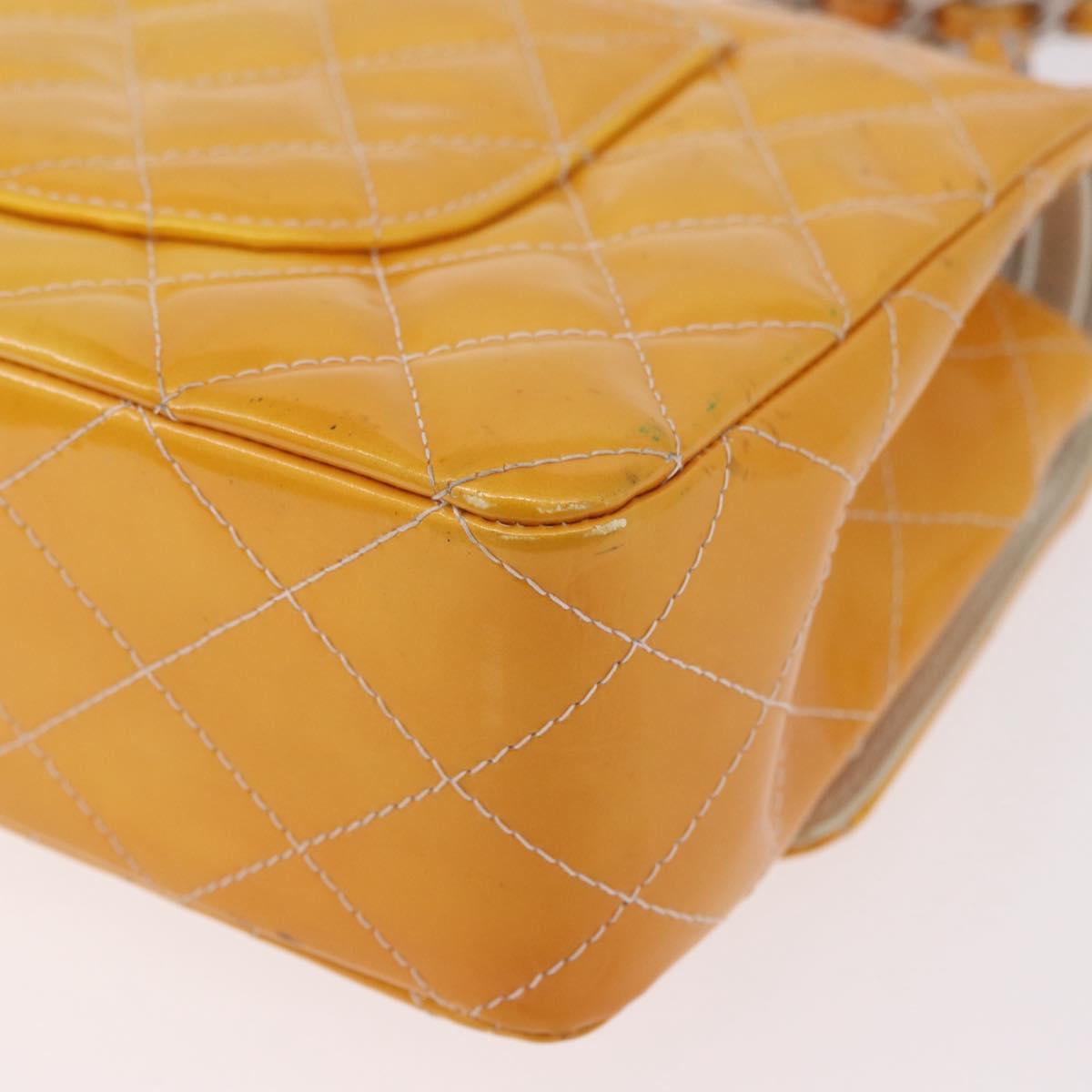 CHANEL Chain Matelasse 25 Bag Patent leather Yellow Silver CC Auth 189089