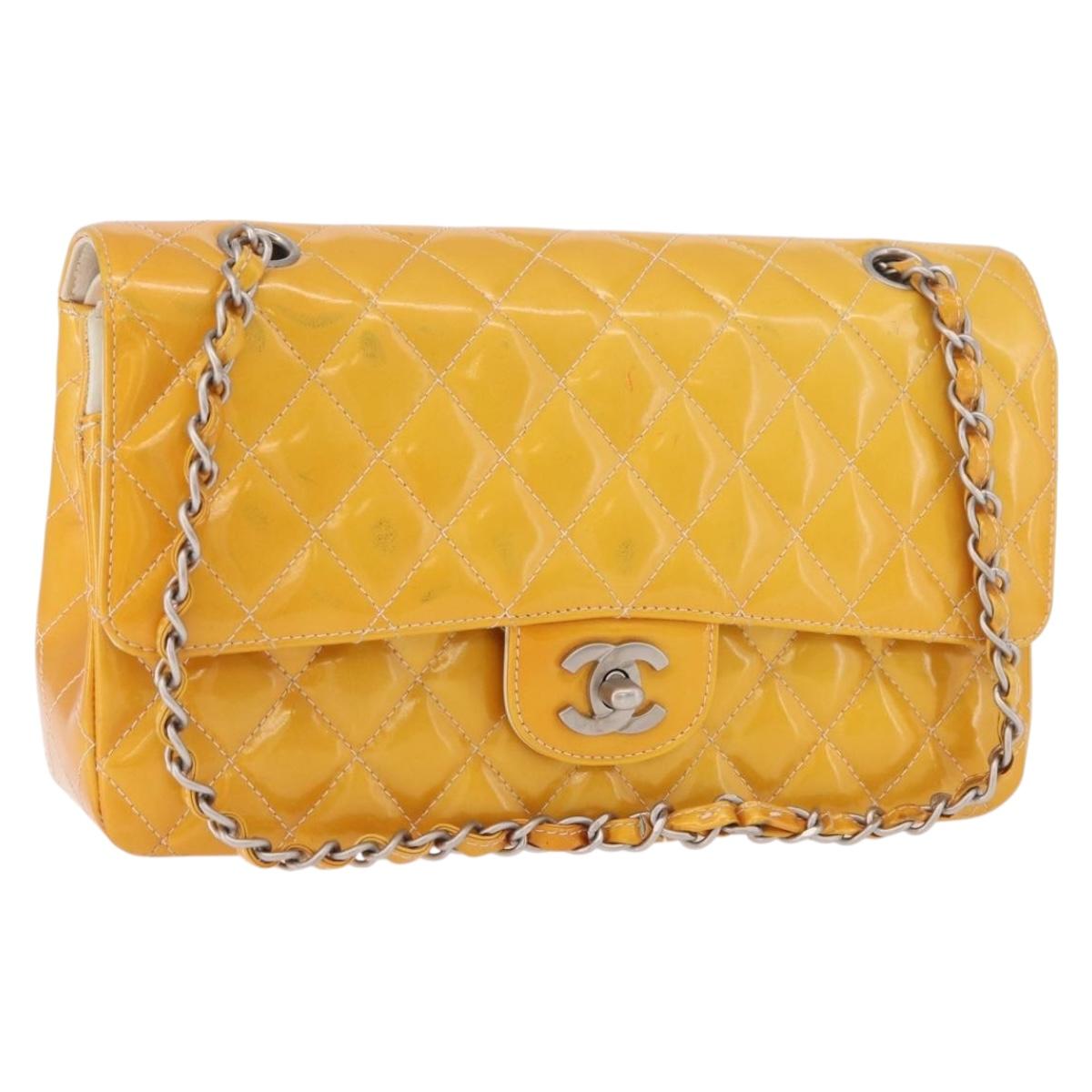 CHANEL Chain Matelasse 25 Bag Patent leather Yellow Silver CC Auth 189089