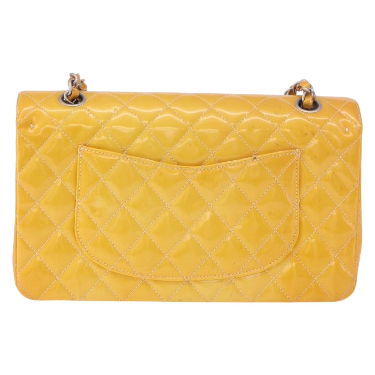 CHANEL Chain Matelasse 25 Bag Patent leather Yellow Silver CC Auth 189089