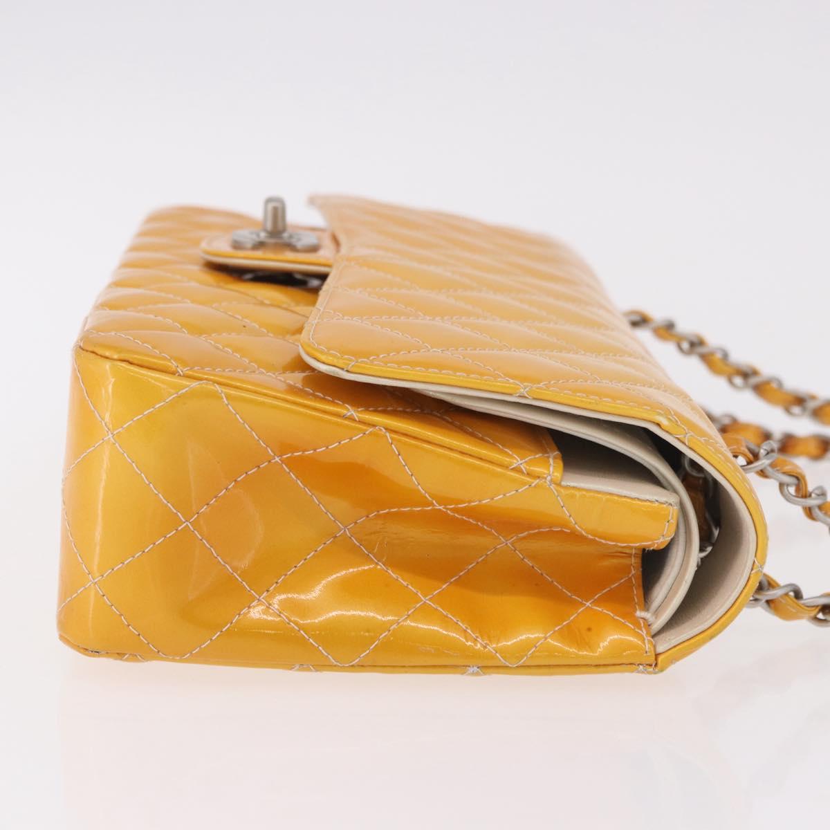 CHANEL Chain Matelasse 25 Bag Patent leather Yellow Silver CC Auth 189089