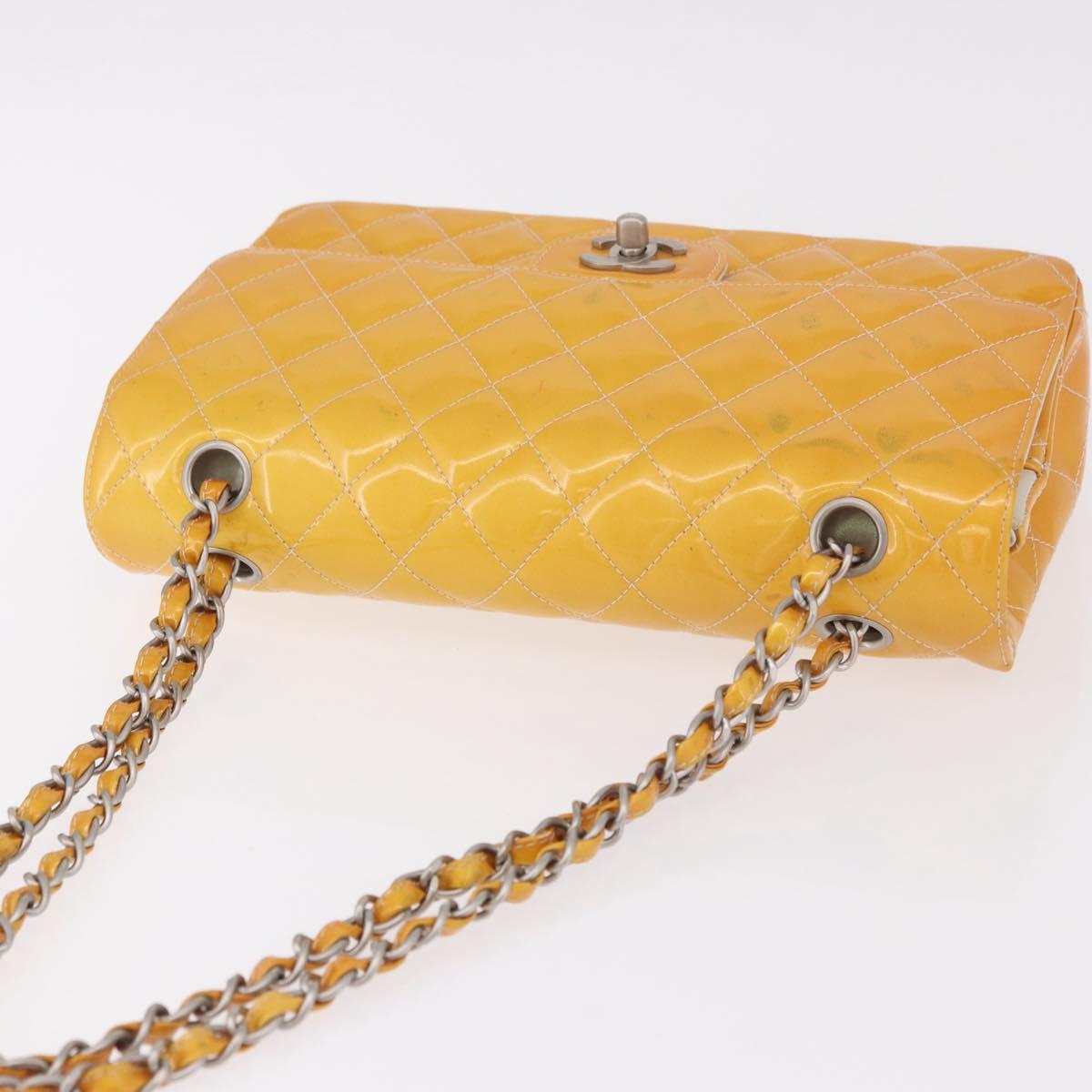 CHANEL Chain Matelasse 25 Bag Patent leather Yellow Silver CC Auth 189089