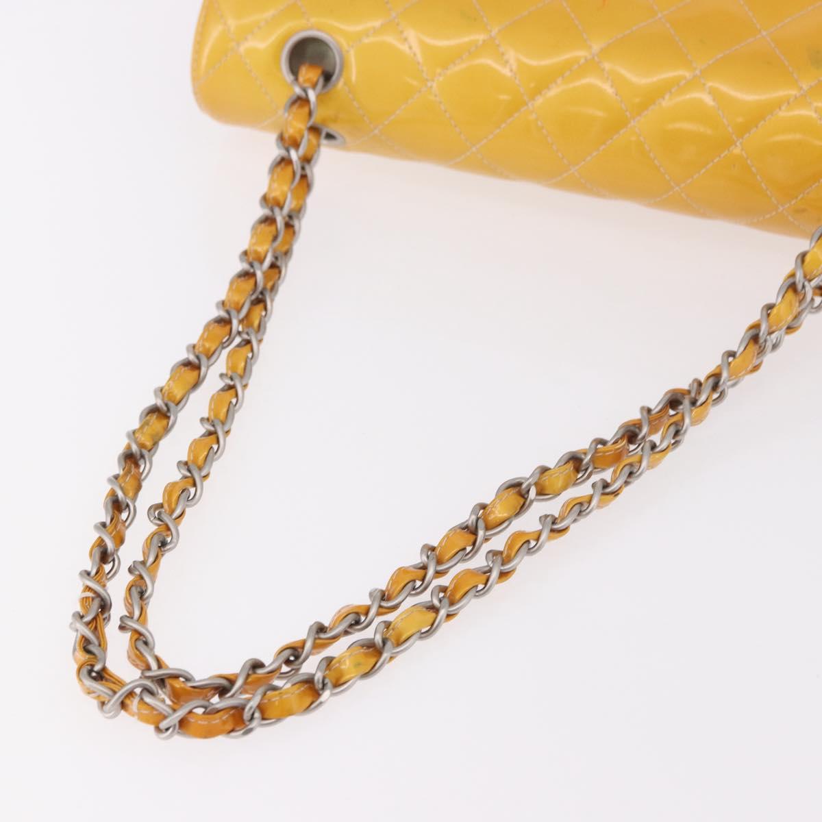 CHANEL Chain Matelasse 25 Bag Patent leather Yellow Silver CC Auth 189089