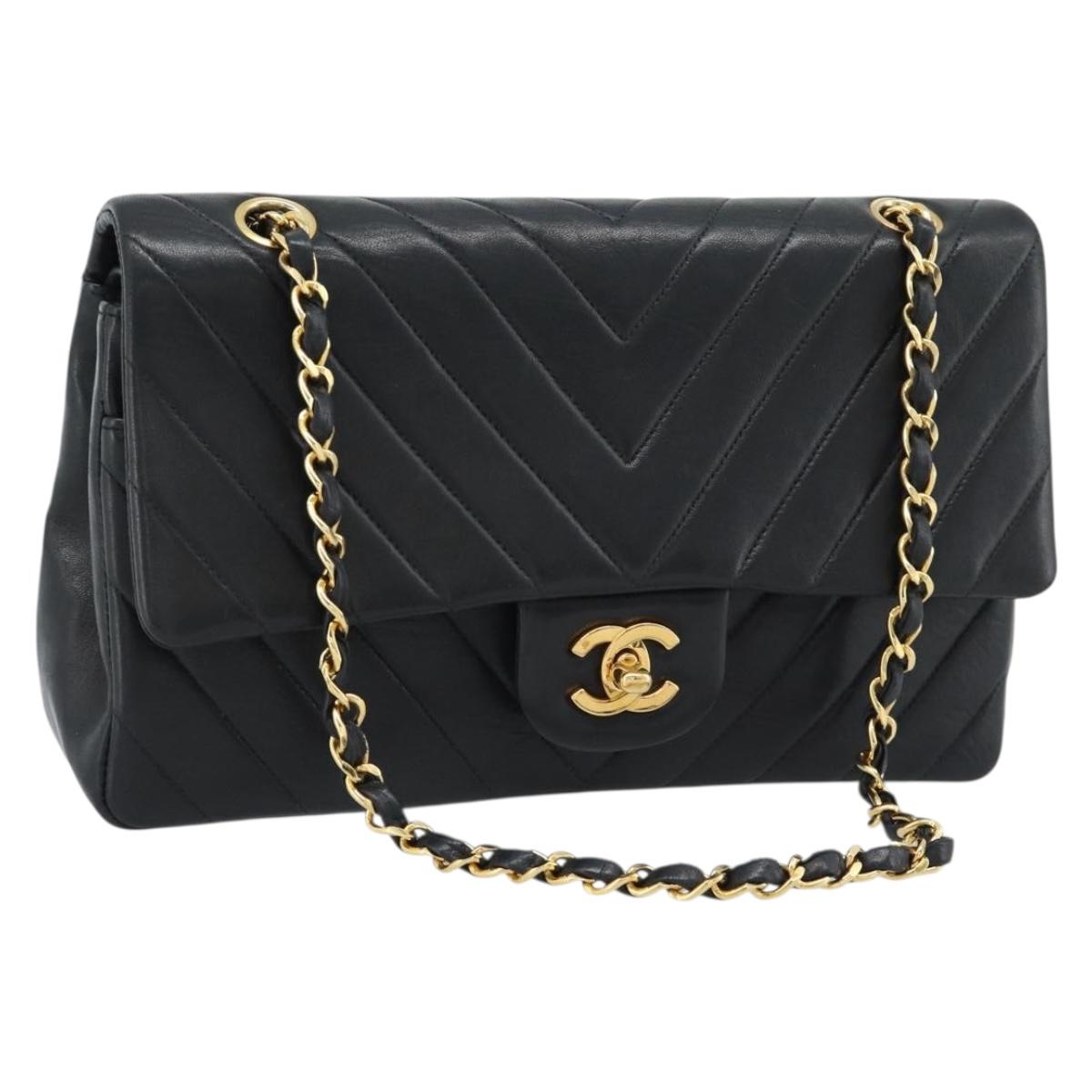 CHANEL V stitch Chain Shoulder Bag Lamb Skin Black Gold CC Auth 189090M