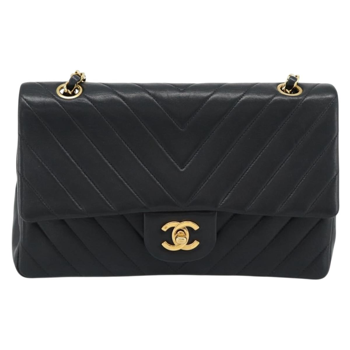 CHANEL V stitch Chain Shoulder Bag Lamb Skin Black Gold CC Auth 189090M