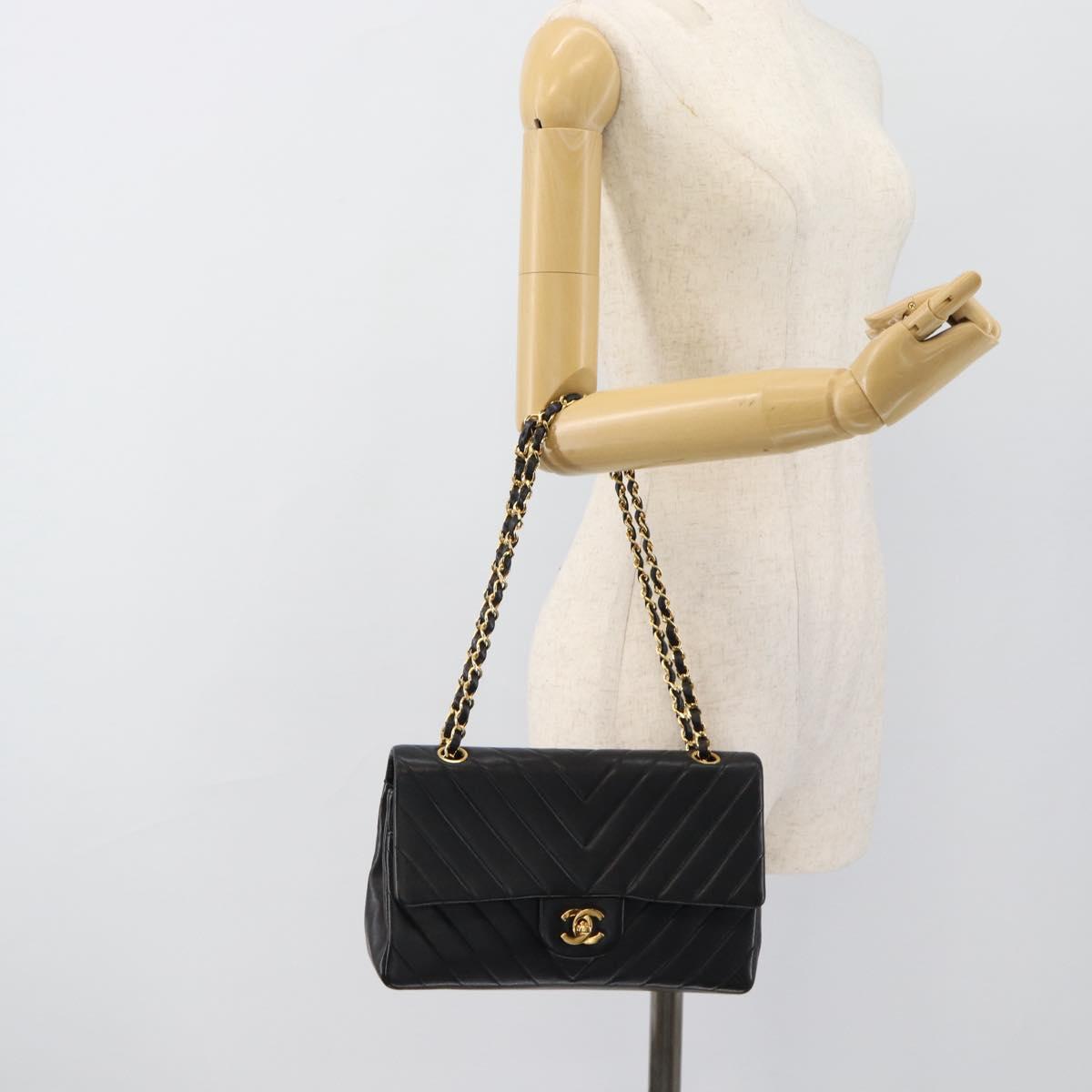 CHANEL V stitch Chain Shoulder Bag Lamb Skin Black Gold CC Auth 189090M
