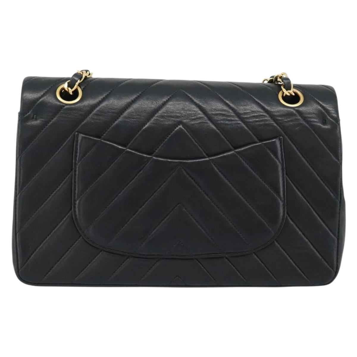 CHANEL V stitch Chain Shoulder Bag Lamb Skin Black Gold CC Auth 189090M