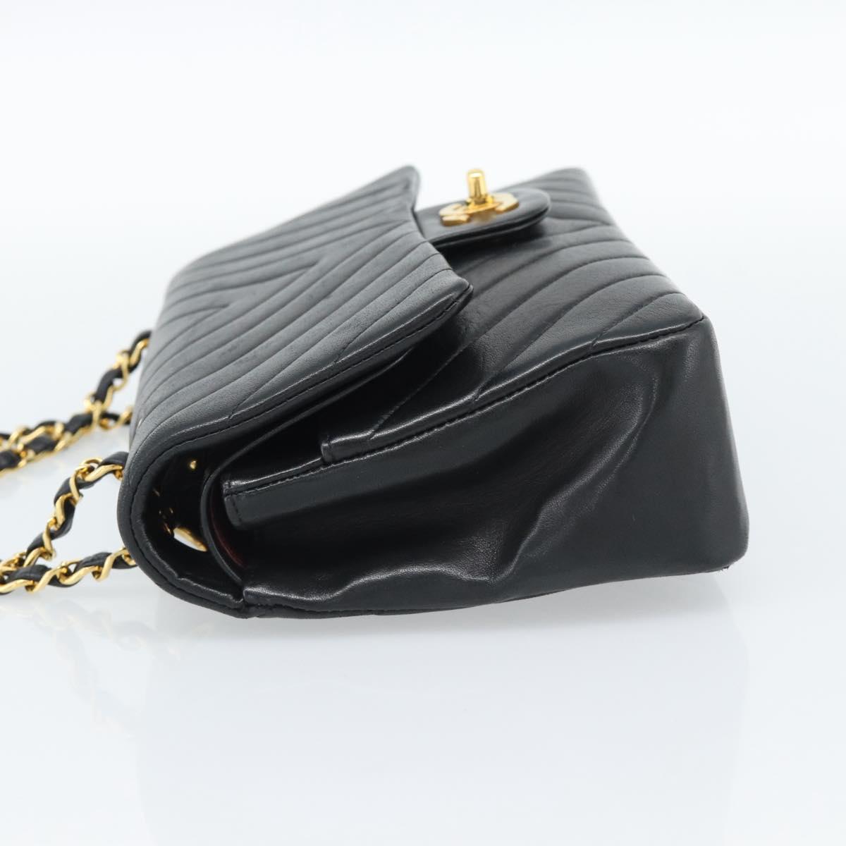 CHANEL V stitch Chain Shoulder Bag Lamb Skin Black Gold CC Auth 189090M