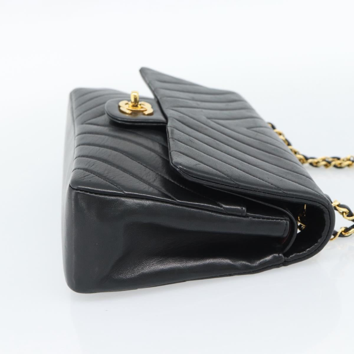 CHANEL V stitch Chain Shoulder Bag Lamb Skin Black Gold CC Auth 189090M