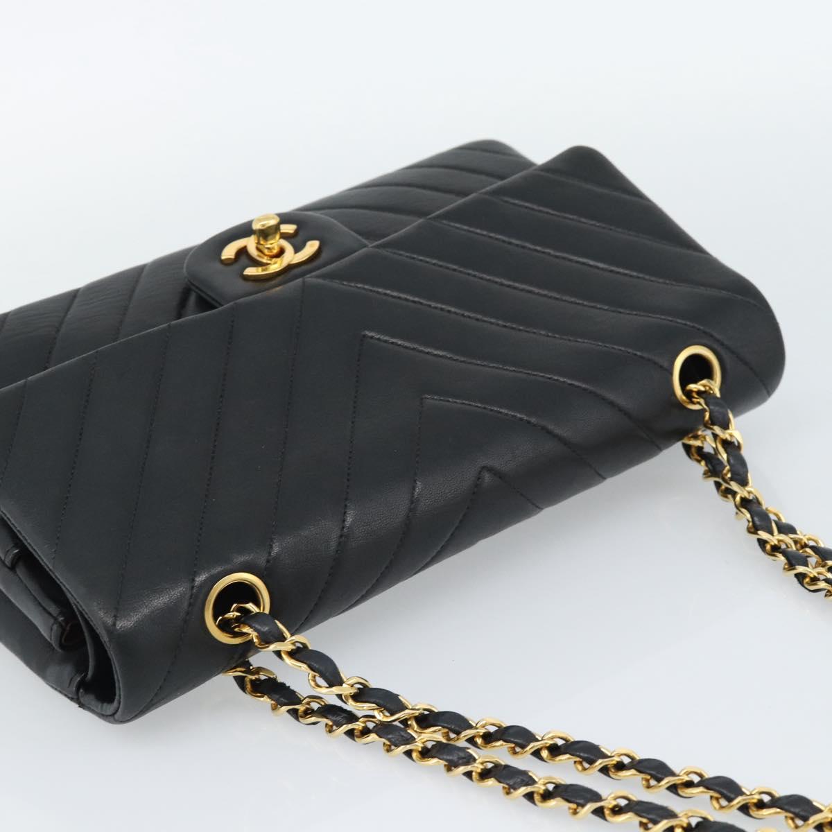 CHANEL V stitch Chain Shoulder Bag Lamb Skin Black Gold CC Auth 189090M