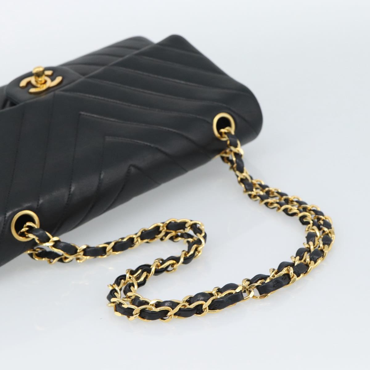 CHANEL V stitch Chain Shoulder Bag Lamb Skin Black Gold CC Auth 189090M
