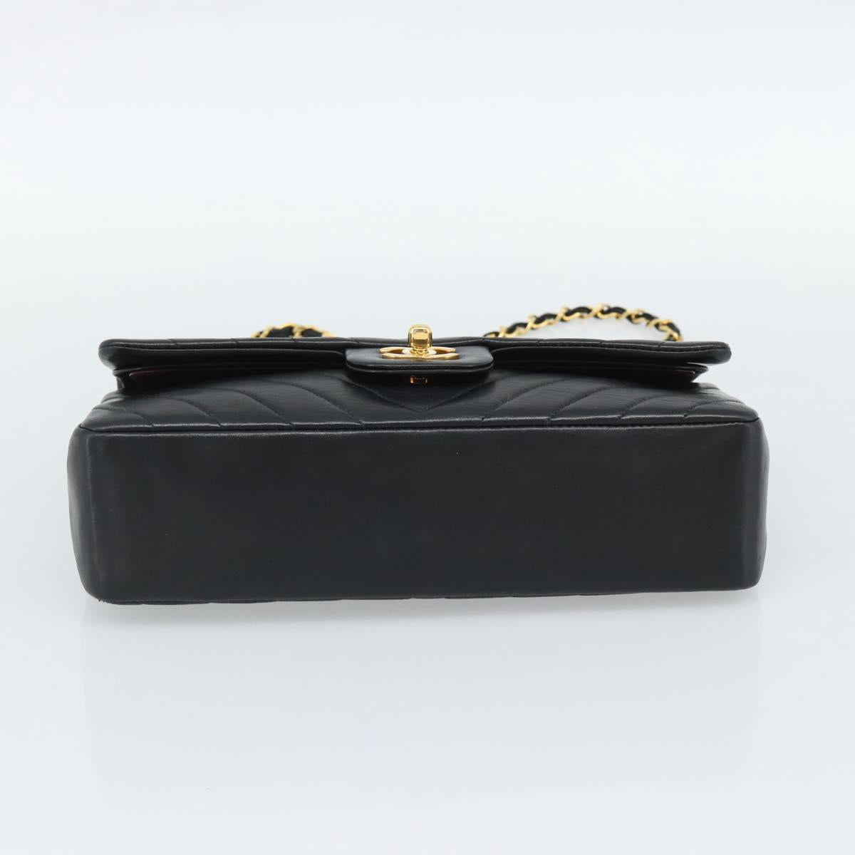 CHANEL V stitch Chain Shoulder Bag Lamb Skin Black Gold CC Auth 189090M