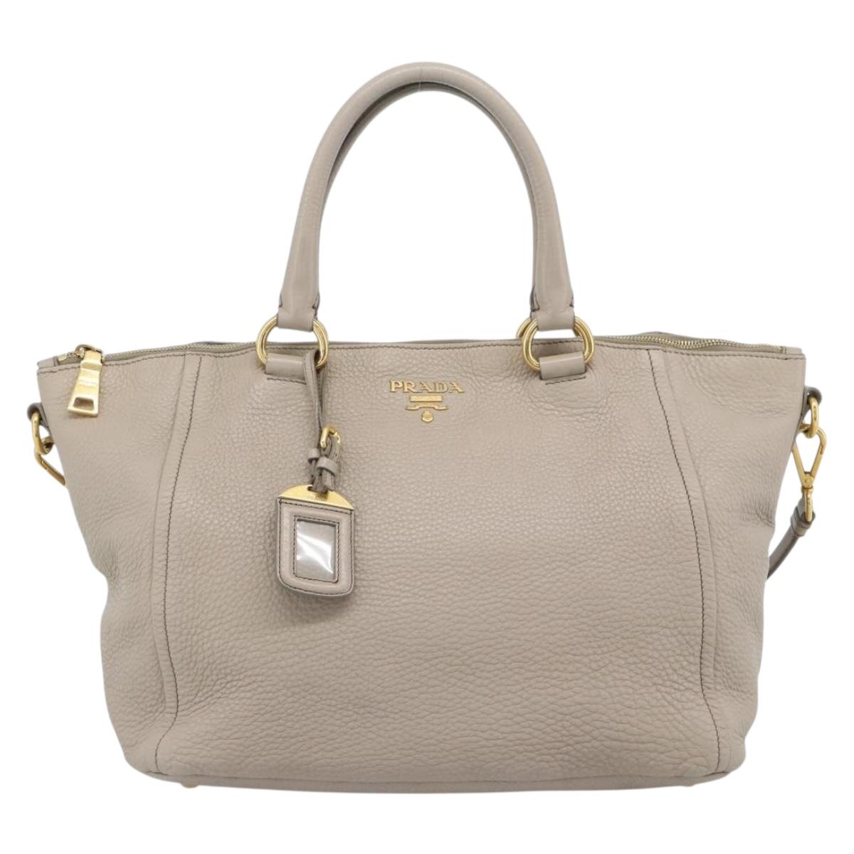 PRADA Hand Bag Vittero Dino Leather Beige Gold Auth 189096A