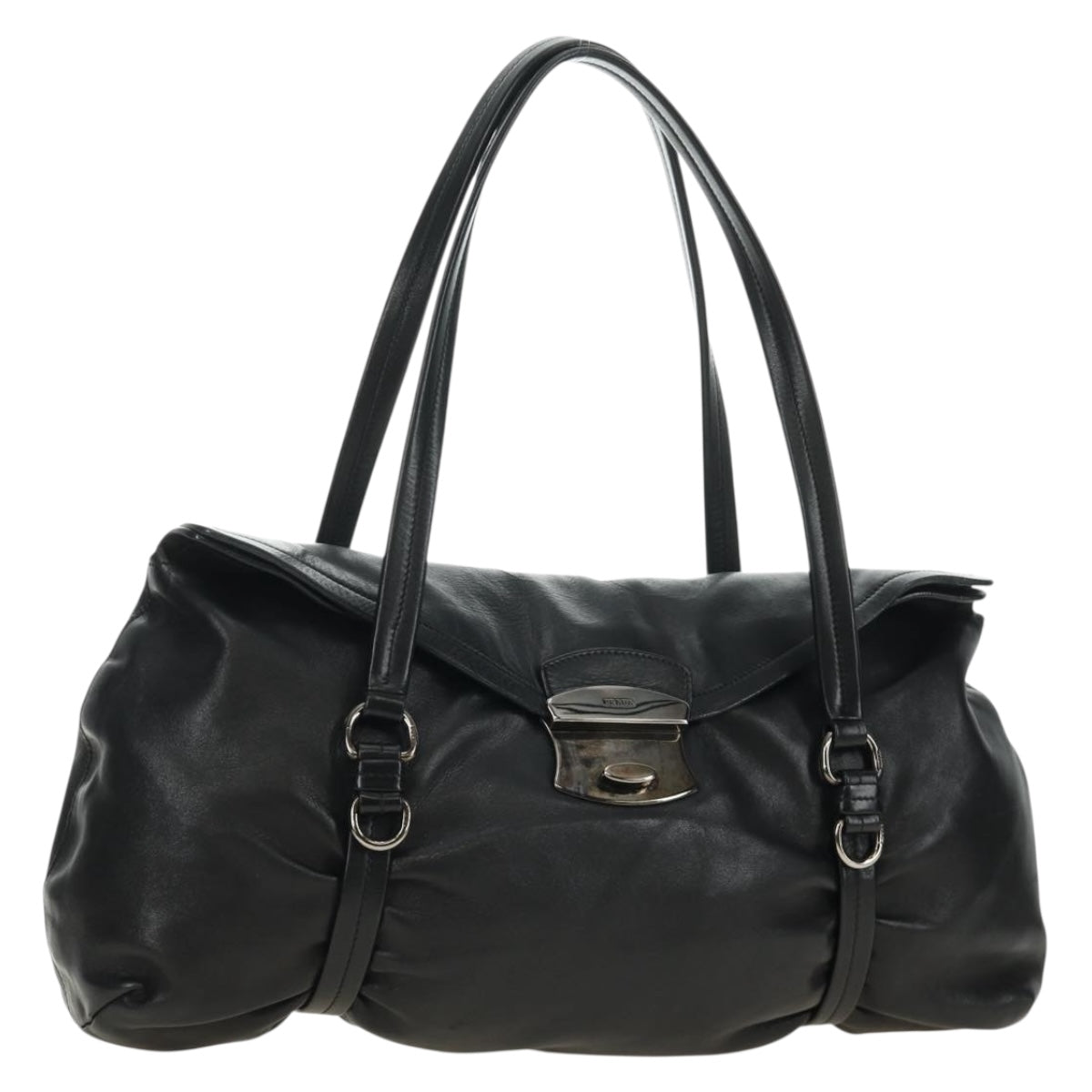 PRADA Hand Bag Leather Black Silver Auth 189104V