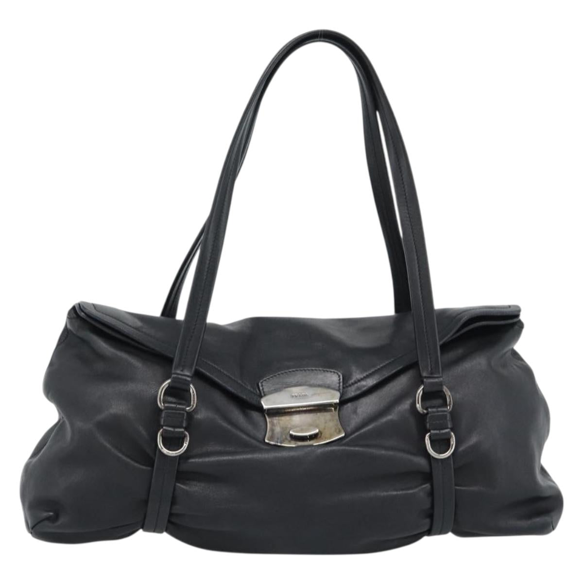 PRADA Hand Bag Leather Black Silver Auth 189104V