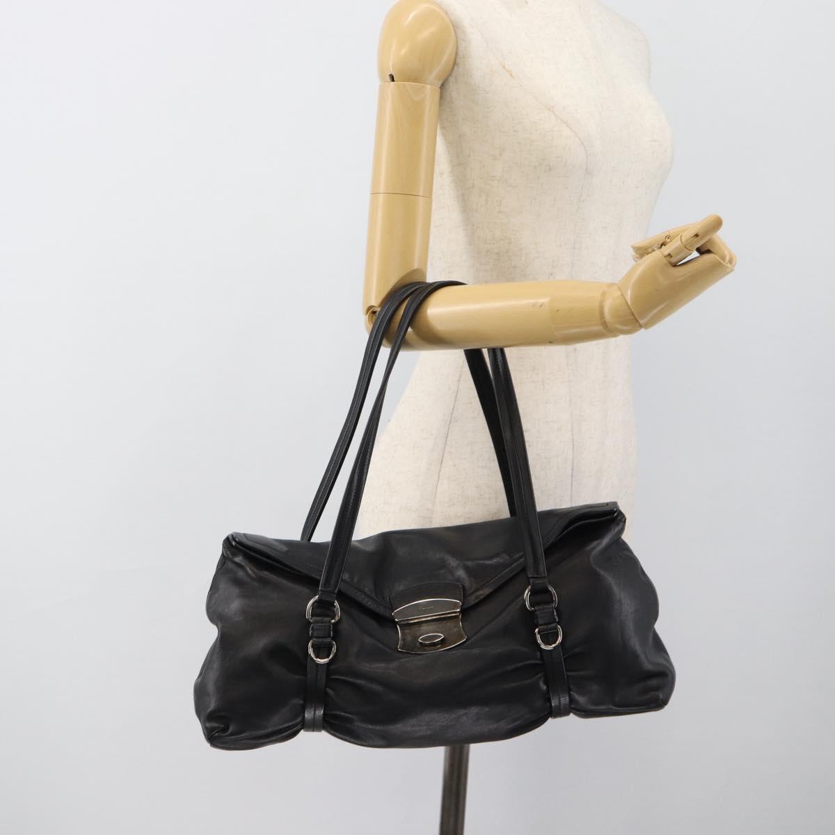 PRADA Hand Bag Leather Black Silver Auth 189104V
