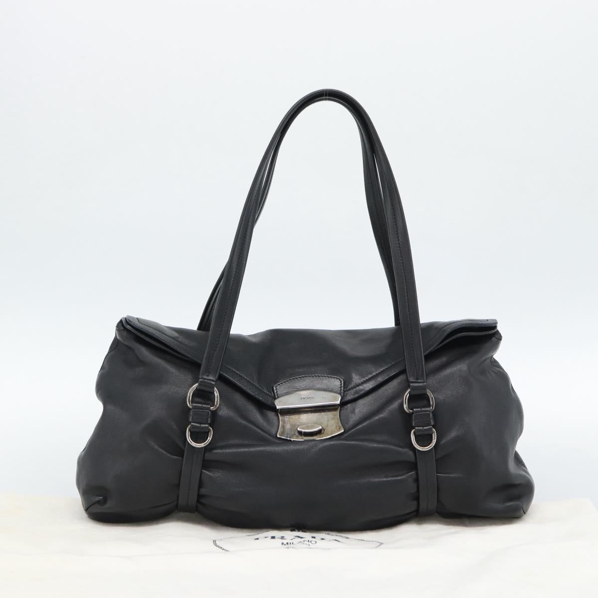 PRADA Hand Bag Leather Black Silver Auth 189104V