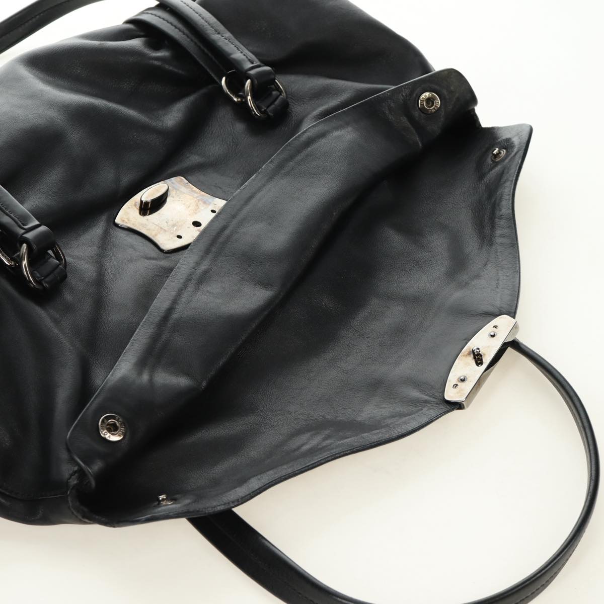 PRADA Hand Bag Leather Black Silver Auth 189104V