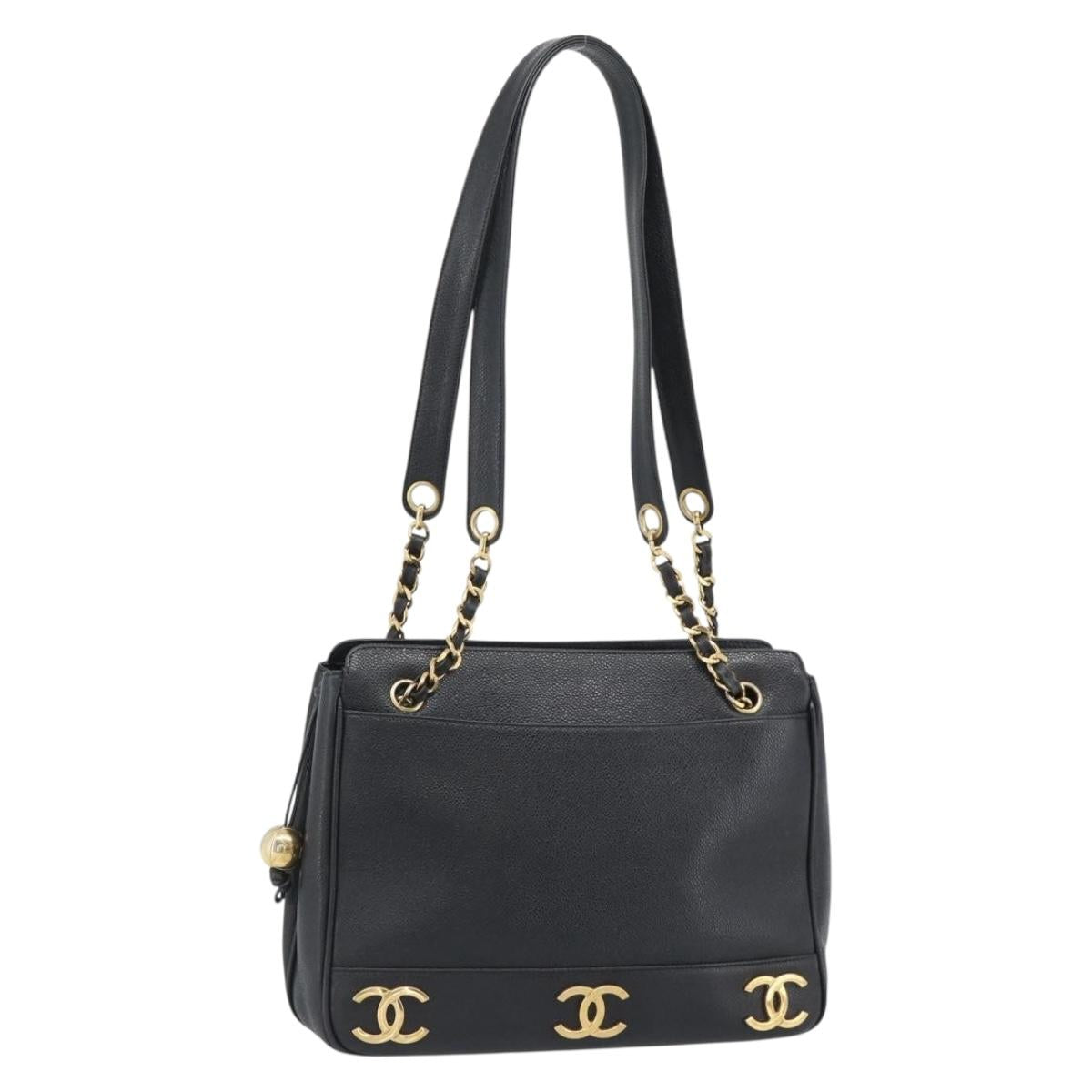 CHANEL Triple Coco Chain Shoulder Bag Caviar Skin Black Gold CC Auth 189110V