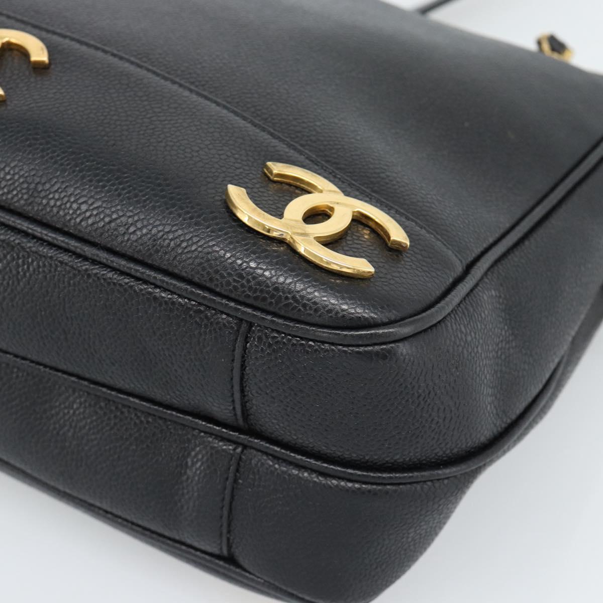 CHANEL Triple Coco Chain Shoulder Bag Caviar Skin Black Gold CC Auth 189110V