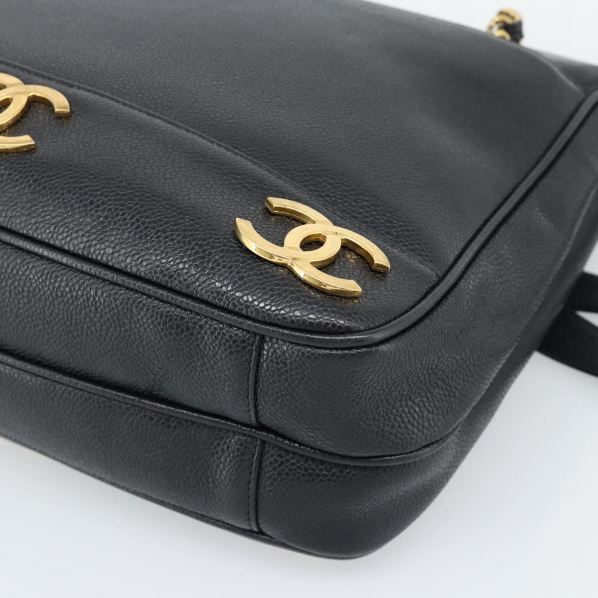 CHANEL Triple Coco Chain Shoulder Bag Caviar Skin Black Gold CC Auth 189110V