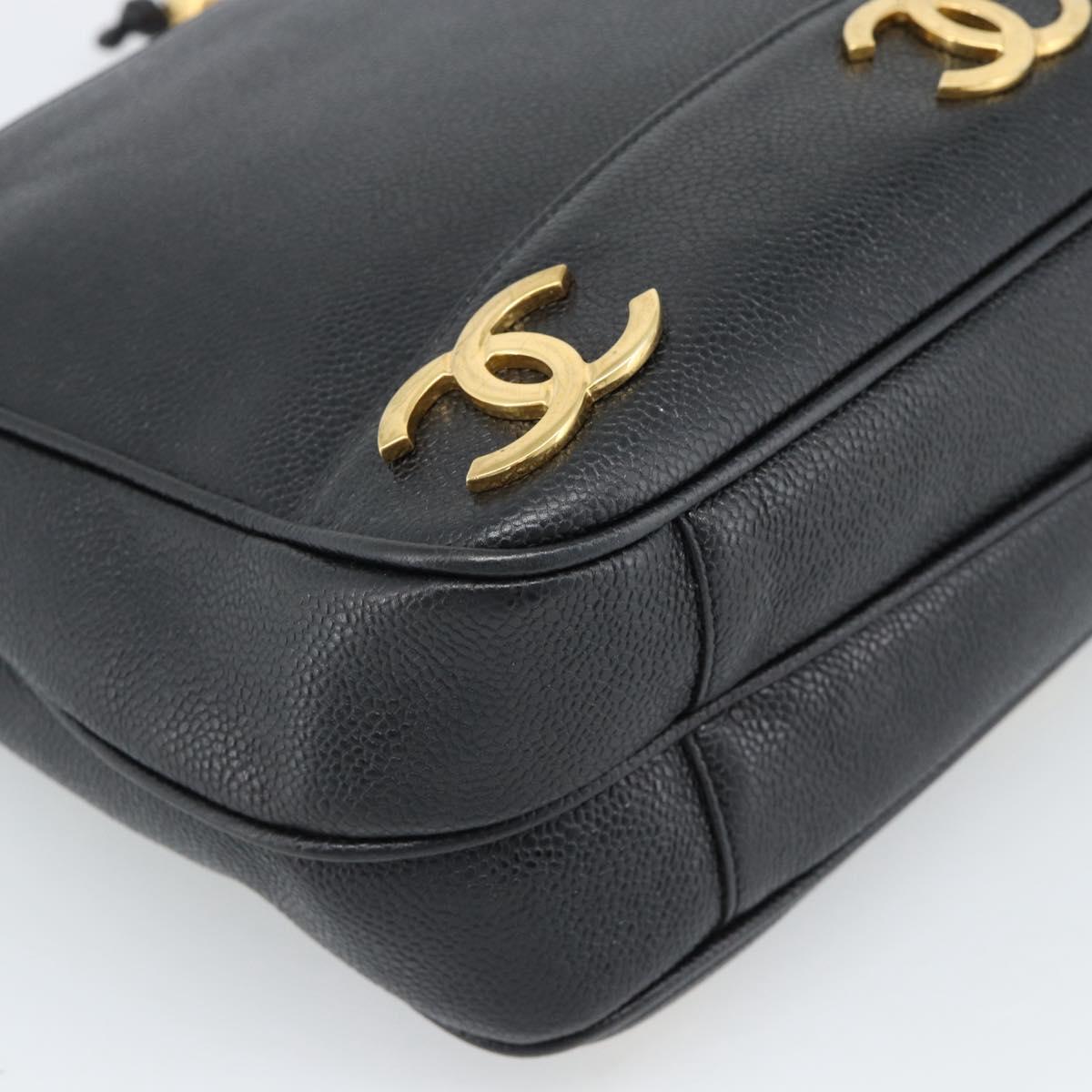 CHANEL Triple Coco Chain Shoulder Bag Caviar Skin Black Gold CC Auth 189110V