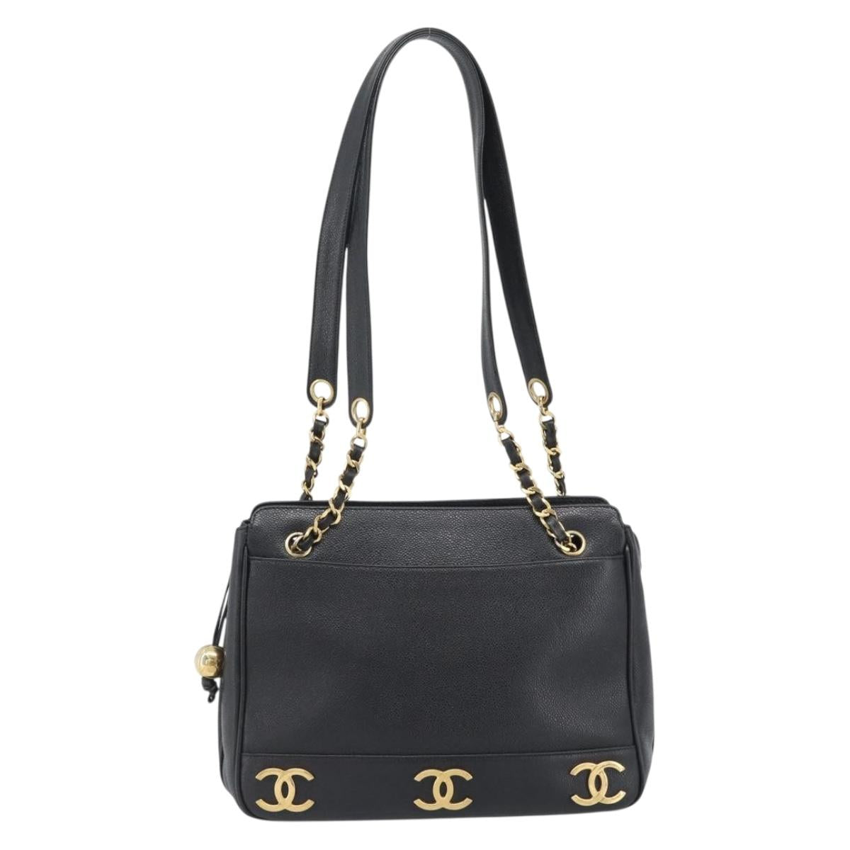CHANEL Triple Coco Chain Shoulder Bag Caviar Skin Black Gold CC Auth 189110V