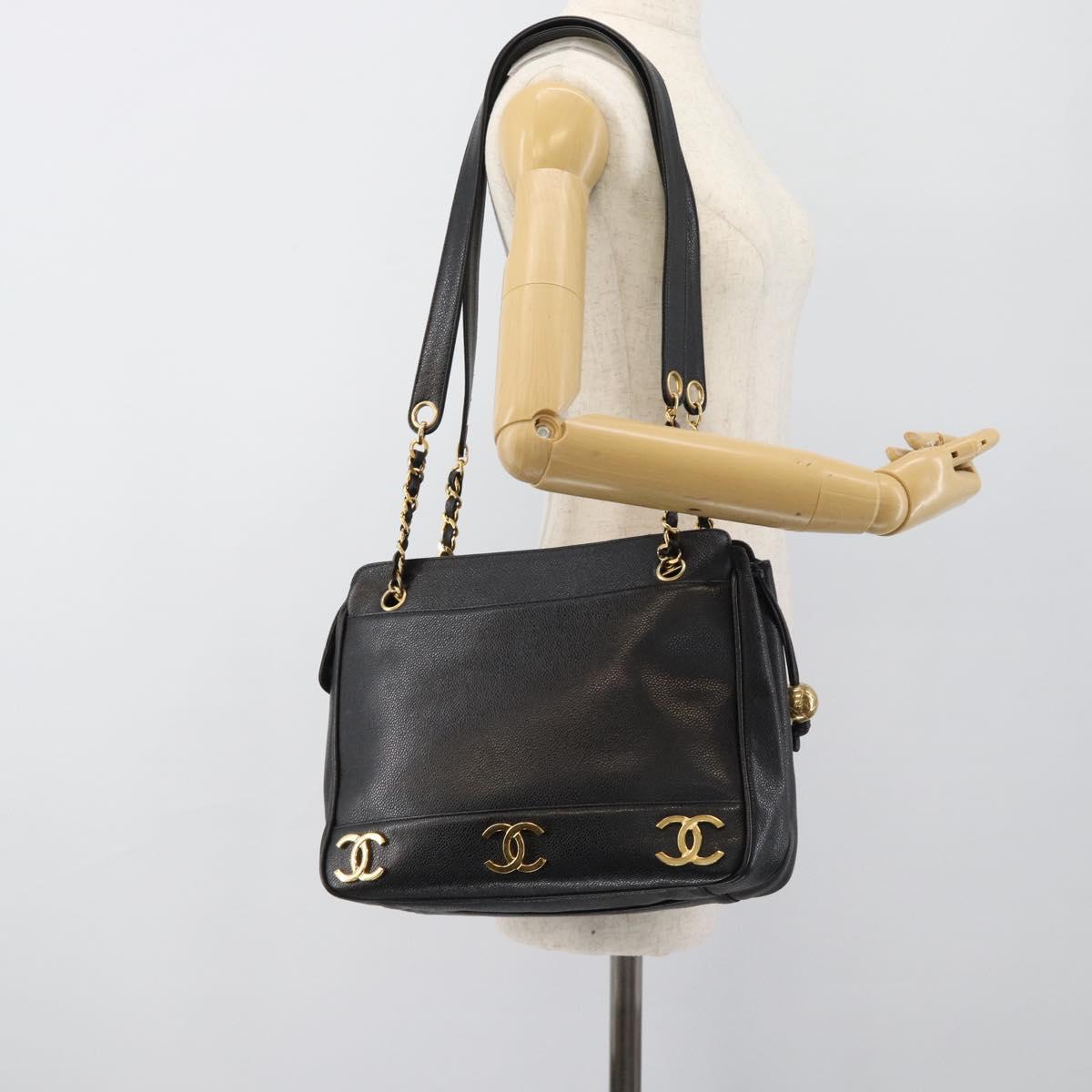 CHANEL Triple Coco Chain Shoulder Bag Caviar Skin Black Gold CC Auth 189110V