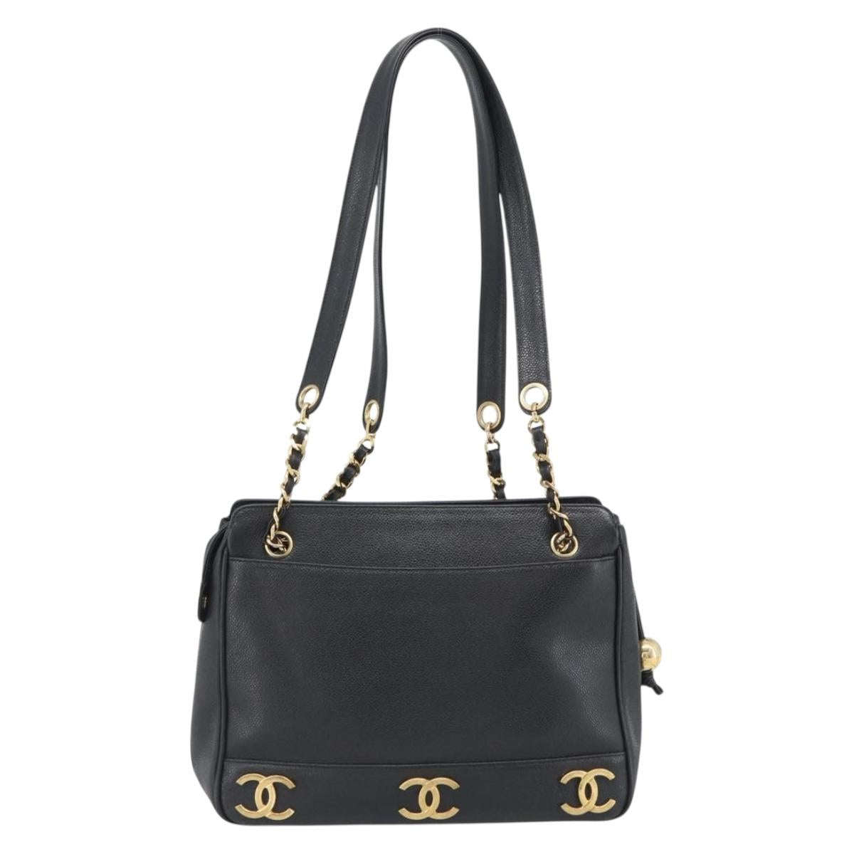 CHANEL Triple Coco Chain Shoulder Bag Caviar Skin Black Gold CC Auth 189110V