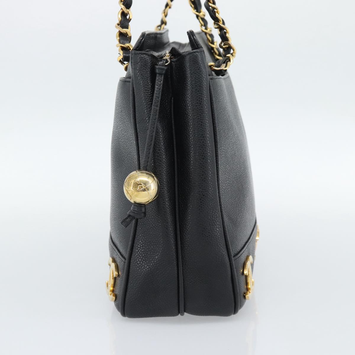 CHANEL Triple Coco Chain Shoulder Bag Caviar Skin Black Gold CC Auth 189110V