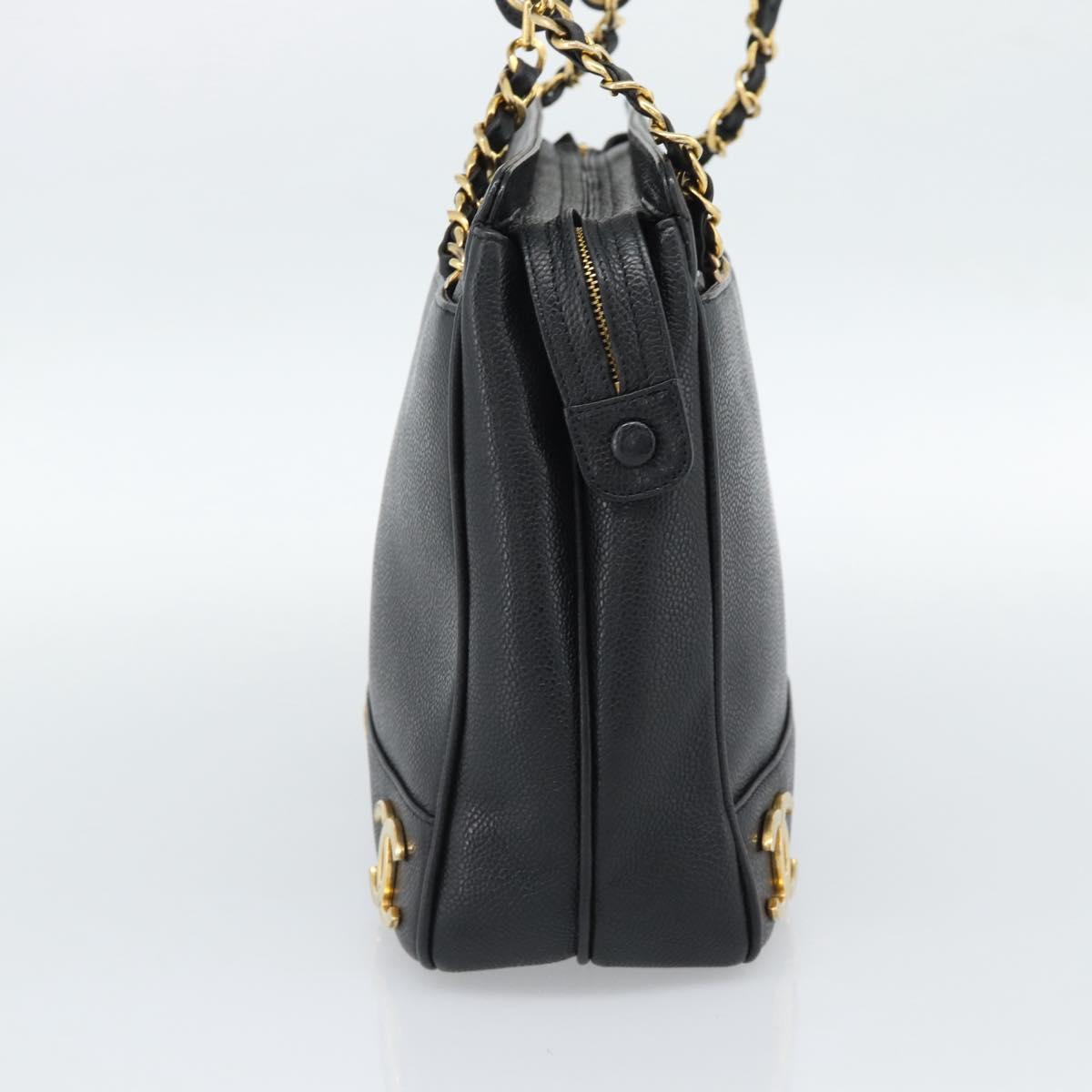 CHANEL Triple Coco Chain Shoulder Bag Caviar Skin Black Gold CC Auth 189110V