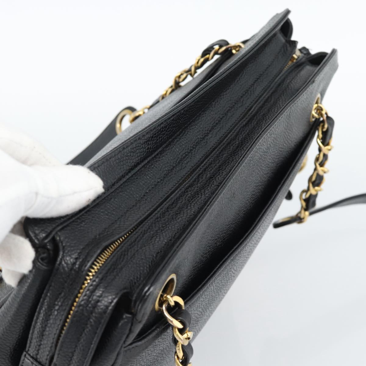 CHANEL Triple Coco Chain Shoulder Bag Caviar Skin Black Gold CC Auth 189110V