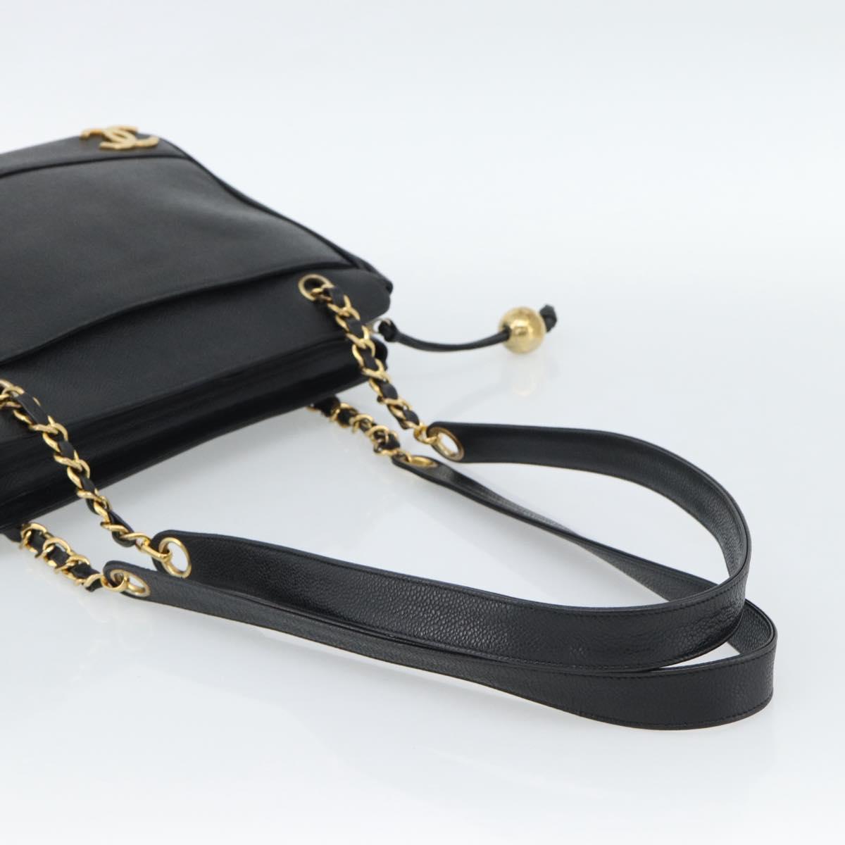 CHANEL Triple Coco Chain Shoulder Bag Caviar Skin Black Gold CC Auth 189110V