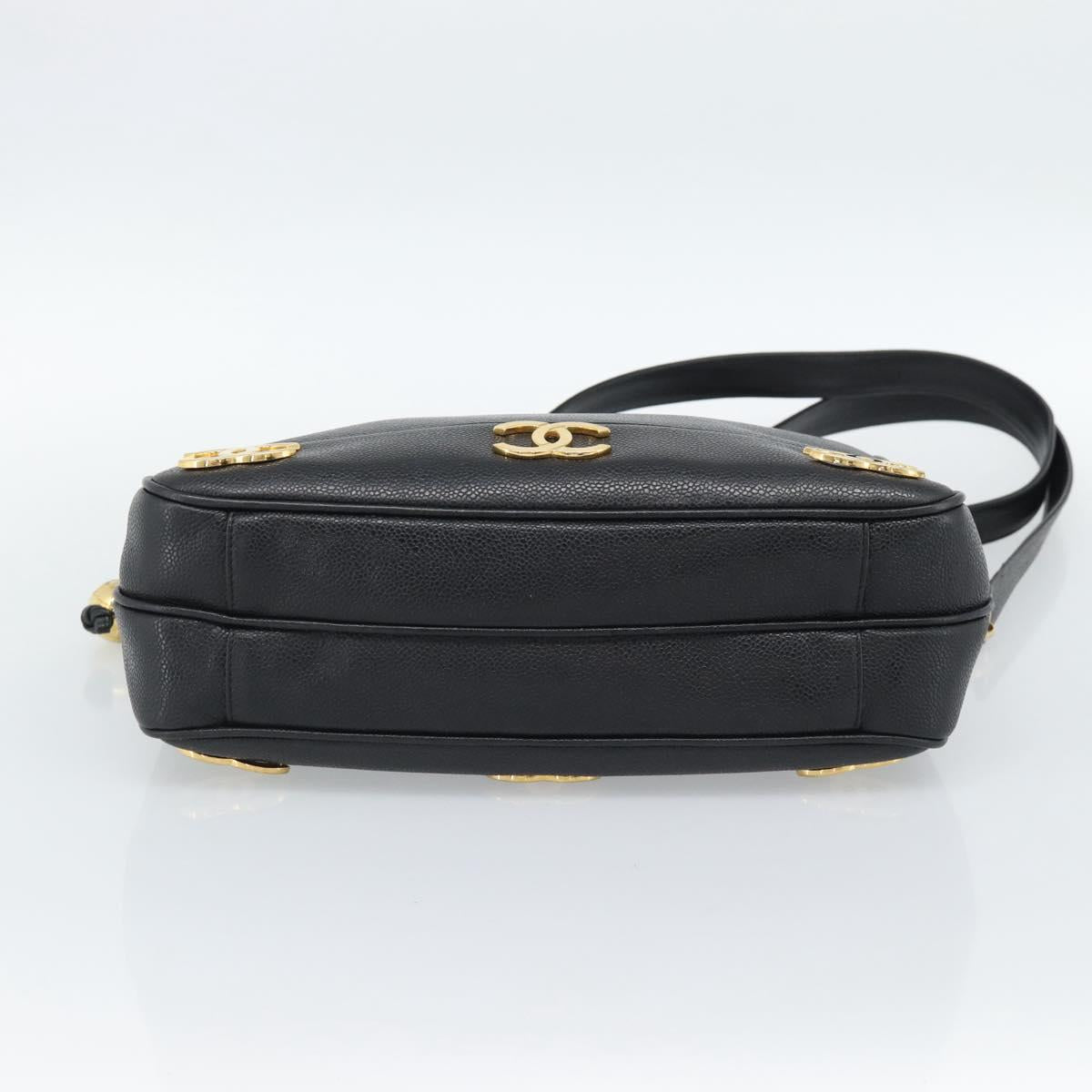 CHANEL Triple Coco Chain Shoulder Bag Caviar Skin Black Gold CC Auth 189110V