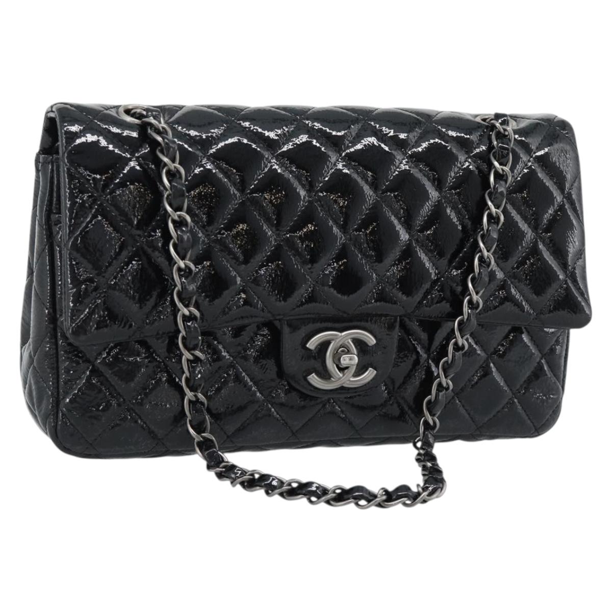 CHANEL Matelasse 25 Chain Bag Patent leather Black Silver CC Auth 189112SM