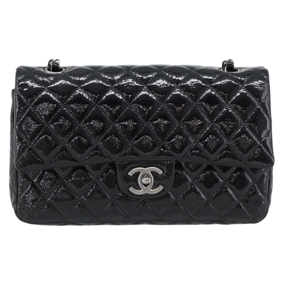 CHANEL Matelasse 25 Chain Bag Patent leather Black Silver CC Auth 189112SM