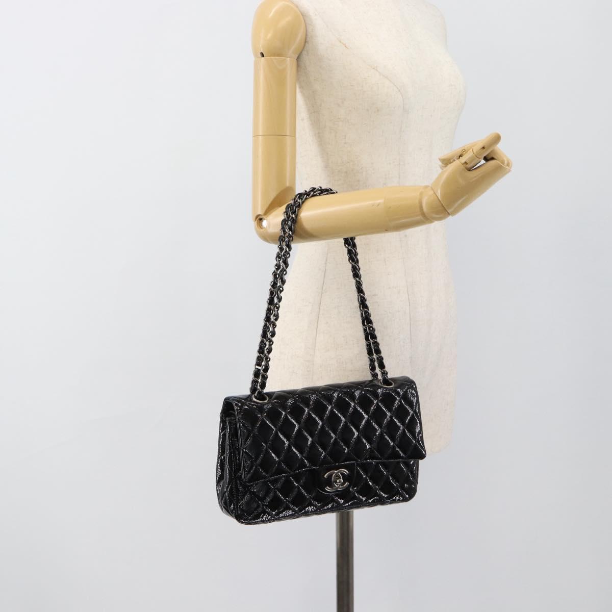 CHANEL Matelasse 25 Chain Bag Patent leather Black Silver CC Auth 189112SM