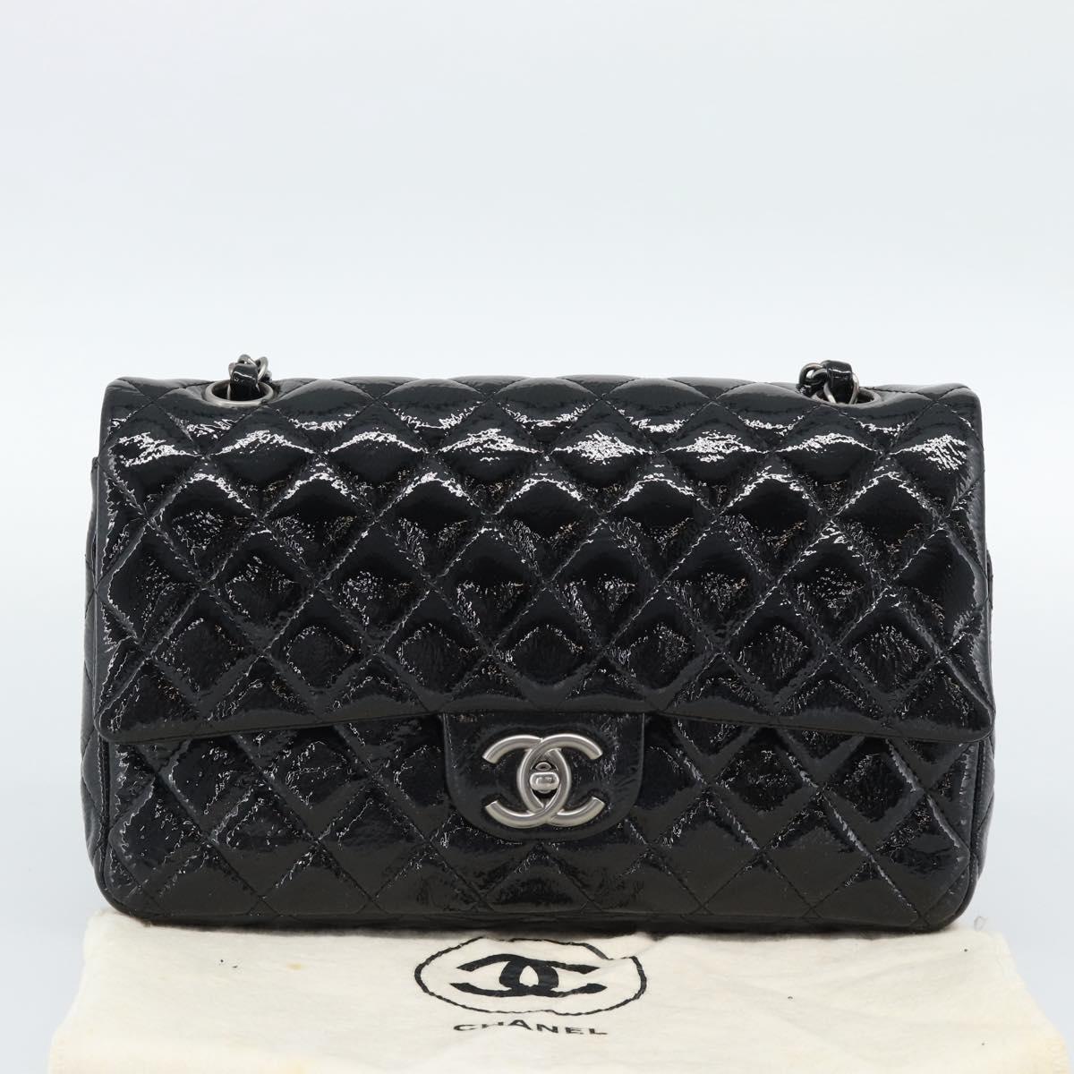 CHANEL Matelasse 25 Chain Bag Patent leather Black Silver CC Auth 189112SM