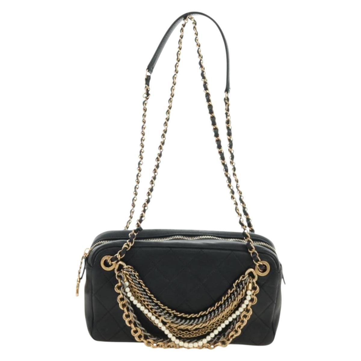 CHANEL All About Chain Matelasse Bag Lamb Skin Black Gold CC Auth 189115SM