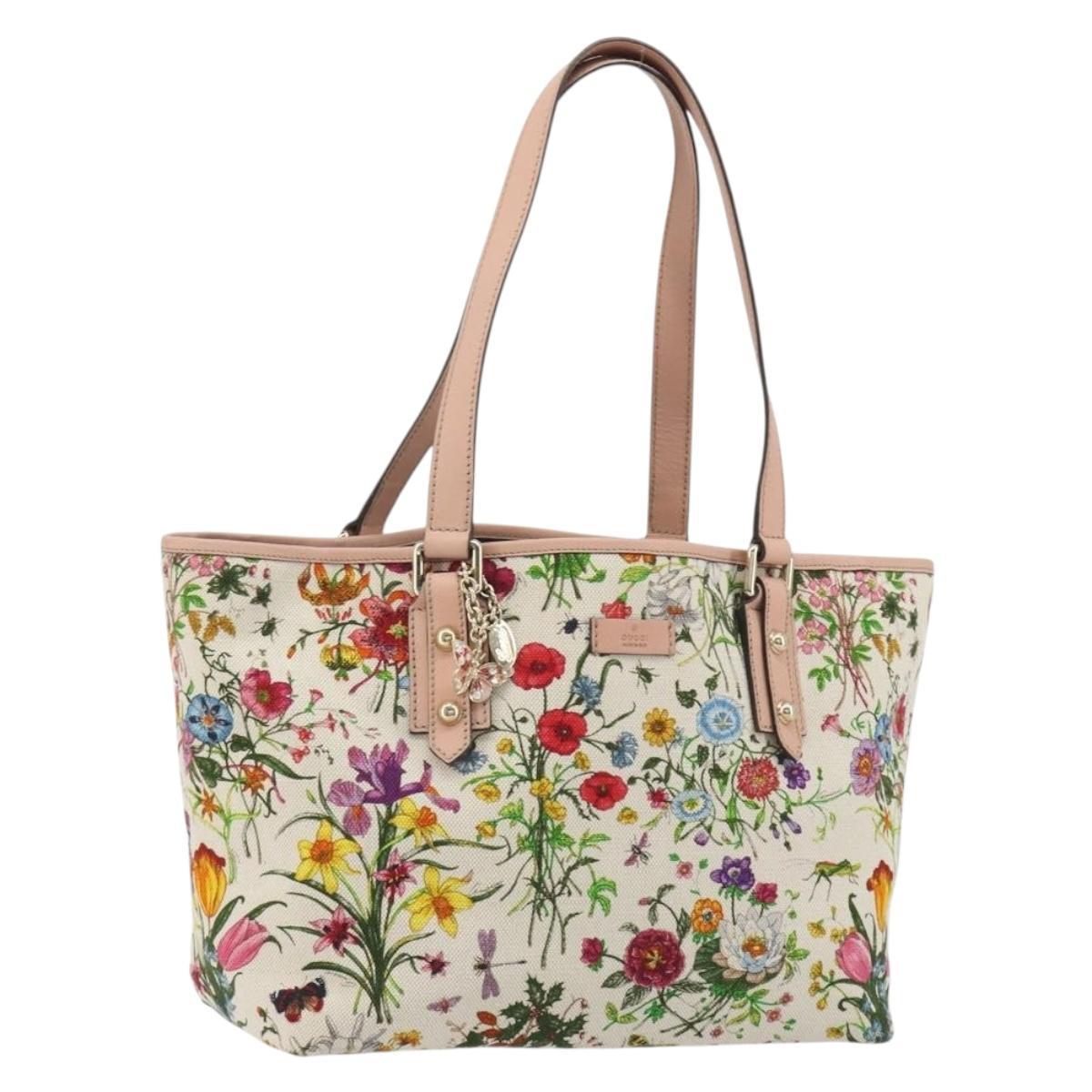 GUCCI Flora Tote Bag Canvas Outlet White Gold 240014 Auth 189120A