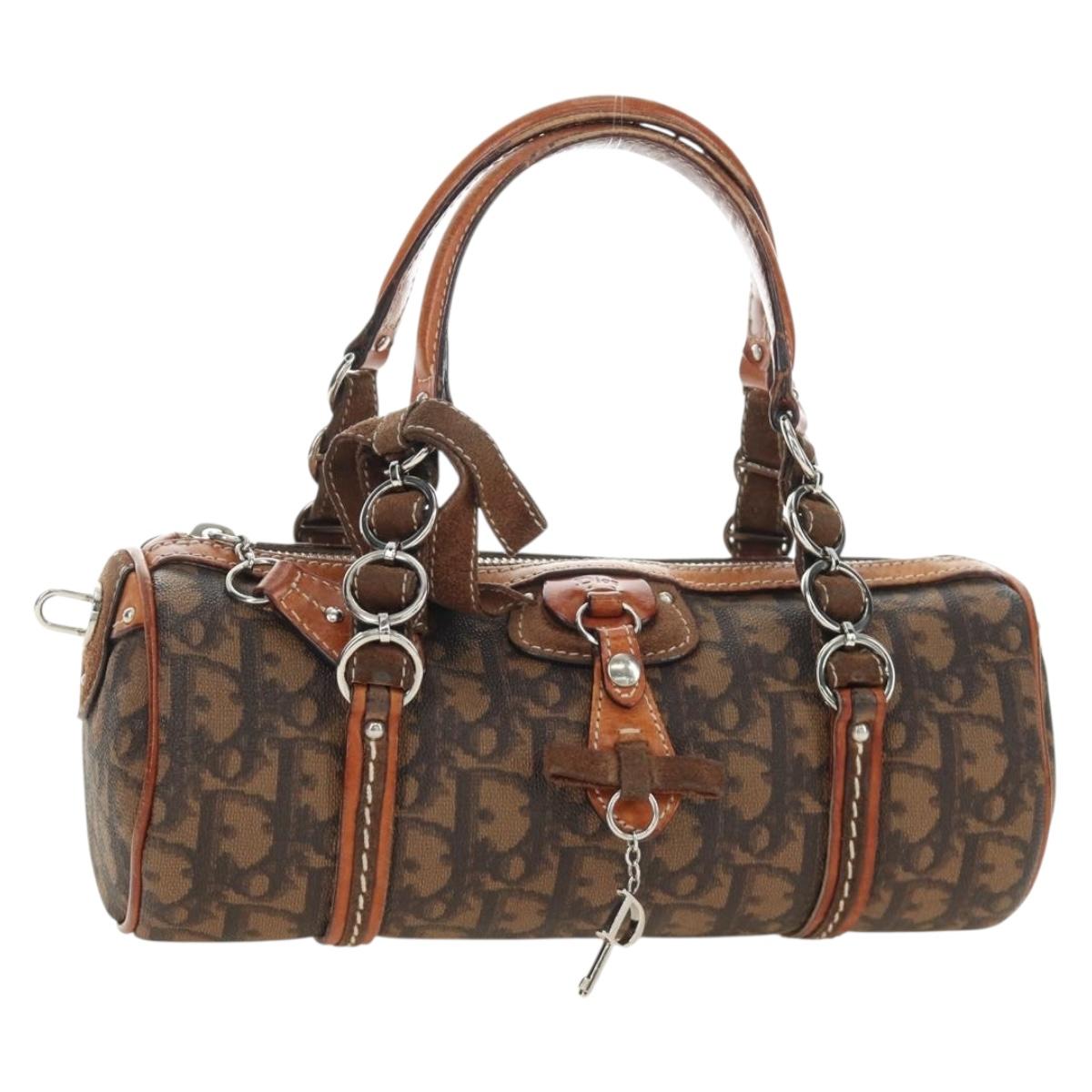 Christian Dior Trotter Canvas Romantic Hand Bag PVC Brown Silver Auth 189127M