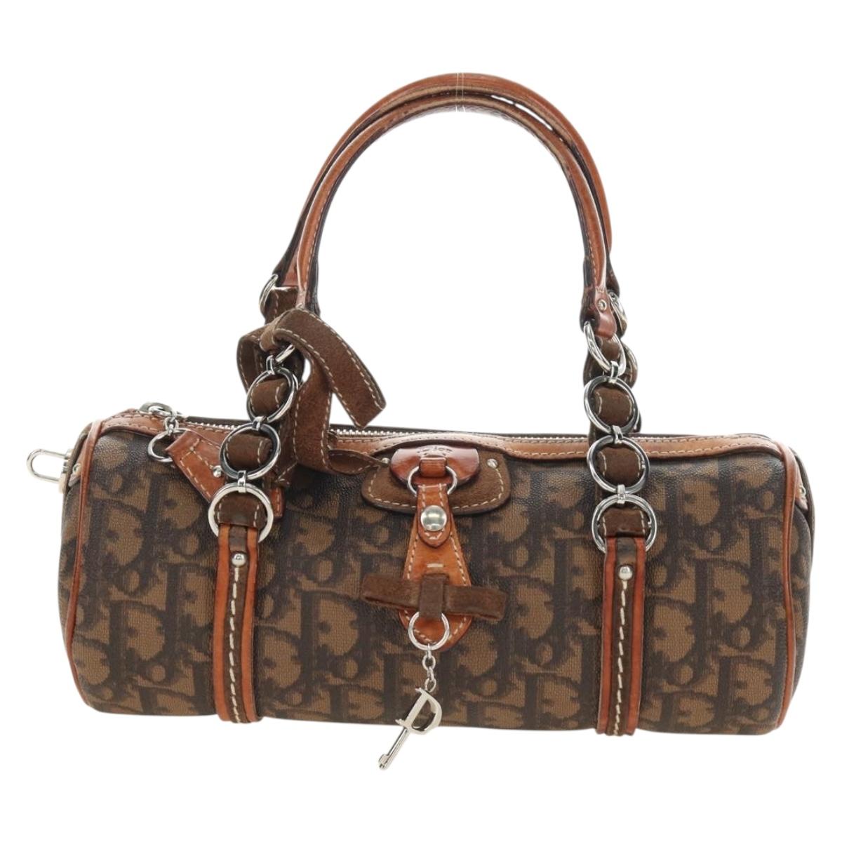 Christian Dior Trotter Canvas Romantic Hand Bag PVC Brown Silver Auth 189127M