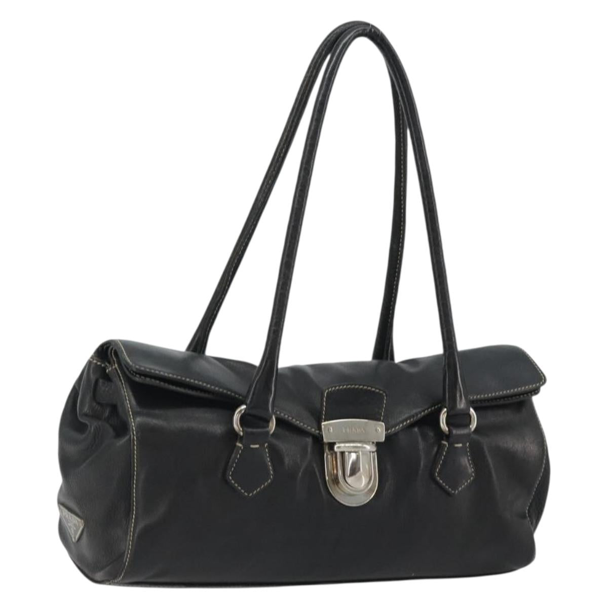 PRADA Shoulder Bag Leather Black Silver Auth 189148A