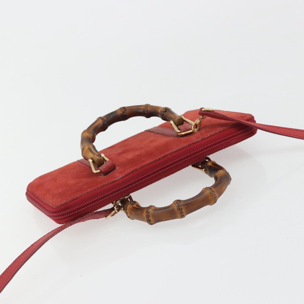 GUCCI Bamboo Shoulder Wallet Outlet Suede 2way Red Gold Auth 189149