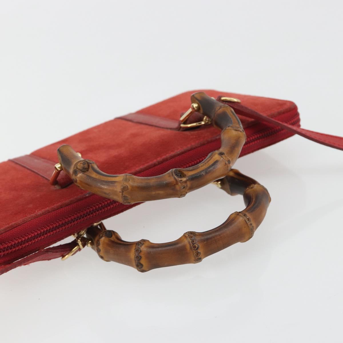 GUCCI Bamboo Shoulder Wallet Outlet Suede 2way Red Gold Auth 189149